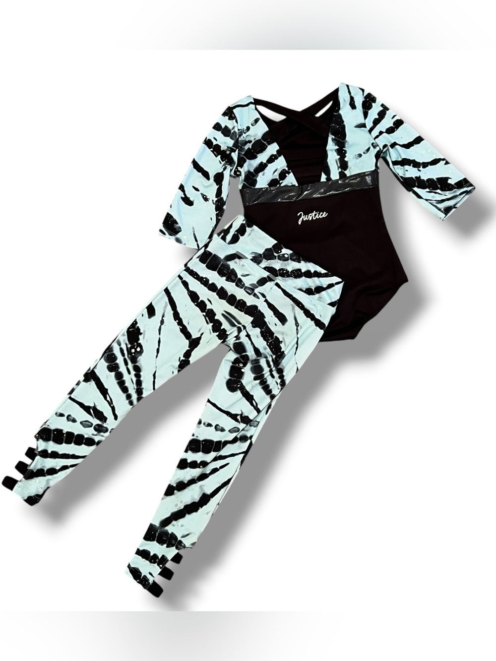 Justice 7/8 Girls Leotard And Matching Leggings Light Blue & Black Tie Dye D-4